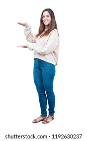 Young Pretty Girl Full Body Smiling With A Satisfied Expression Showing An Object Or Concept Which Young Pretty Girl Full Body Smiling With A Satisfied Expression Showing An Object Or Concept Which