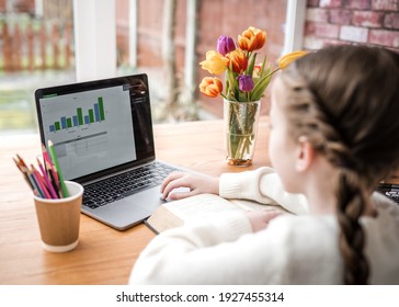 Young pretty girl long hair using laptop to do maths graph bar chart on screen calculations working from home school education online