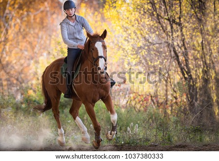Young pretty girl - riding a horse with backlit leaves behind
