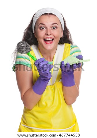 Young pretty housewife going crazy isolated on white background