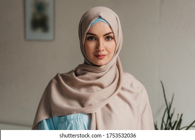 Young Pretty Muslim Woman In Hijab Working On Laptop In Office Room, Education Online, Remote Work Freelancer, Emancipation Woman