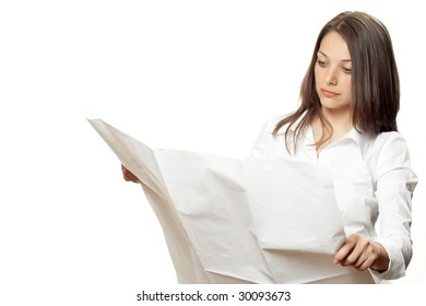 Young Pretty Office Engeneer Woman In White Shirt With Drawing Isolated On White