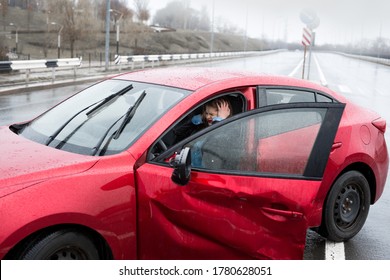 Young pretty scared woman in the car. Injured woman feeling bad after having a car crash