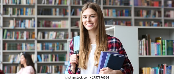 Young Pretty Student With Books And Backpack In Library, Space For Text. Banner Design