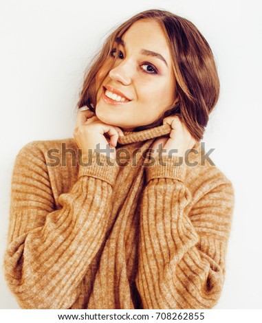 young pretty stylish brunette hipster girl posing emotional isolated on white background happy smiling cool smile, lifestyle people concept 