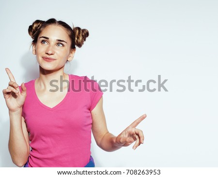 young pretty stylish brunette hipster girl posing emotional isolated on white background happy smiling cool smile, lifestyle people concept 