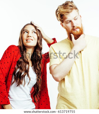 young pretty teenage couple, hipster guy with his girlfriend happy smiling and hugging isolated on white background, lifestyle people concept 