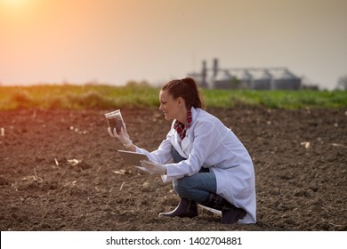 Young Pretty Woman Agronomist Checking Soil Quality On Field