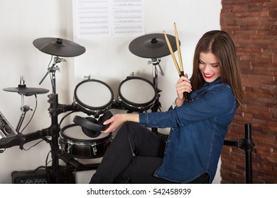 Young Pretty Woman Drummer Practicing Electronic Stock Photo (Edit Now ...