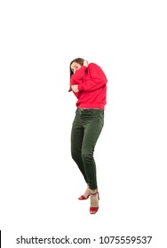 Young Pretty Woman Scared Expression.full Body Cutout Person Against White Background