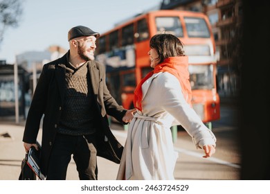 Young, professional businesspeople engaging in a discussion while walking in an urban setting, with a red bus and city background. - Powered by Shutterstock