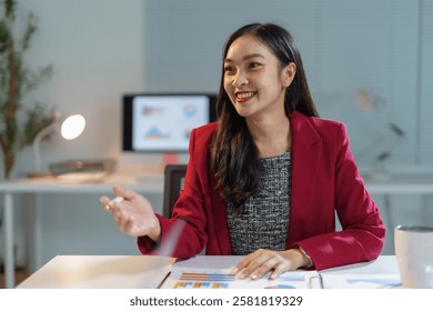 Young professional businesswoman wearing red jacket sitting at desk explaining charts and graphs showing financial growth during corporate meeting in modern office