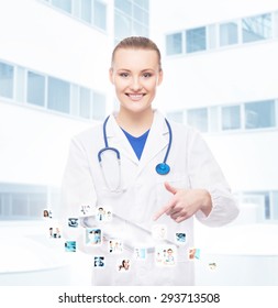 Young, Professional And Cheerful Doctor Woman With An Ipad. Medical Technology And Futuristic Medicine Concept.