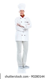 Young professional chef woman. Isolated over white background
