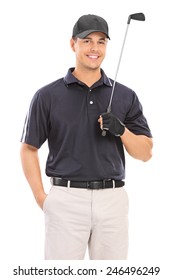 Young professional golfer posing isolated on white background