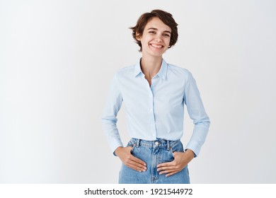 A Beautiful Girl In A White Shirt And Blue Jeans Standing In The Images Stock Photos Vectors Shutterstock