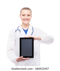 Young And Professional Woman Doctor With An Ipad Isolated On White