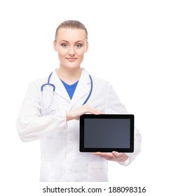 Young And Professional Woman Doctor With An Ipad Isolated On White