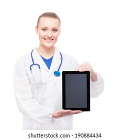 Young And Professional Woman Doctor With An Ipad Isolated On White