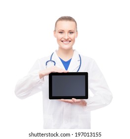 Young And Professional Woman Doctor With An Ipad Isolated On White