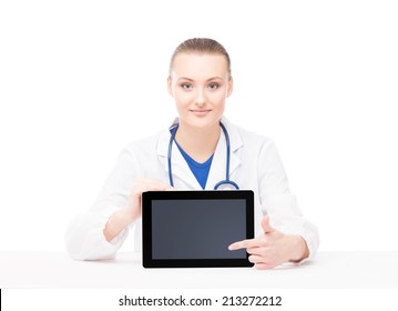 Young And Professional Woman Doctor With An Ipad Isolated On White