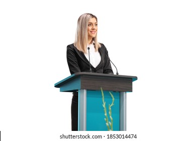 Young Professional Woman Giving A Speech On A Pedestal Isolated On White Background