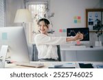 Young professional woman in office prioritizing health, stretching arms on break. Promotes workplace wellness and stress relief. Bright, modern setting, smiling, focusing on wellbeing