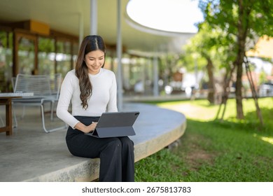 Young professional working remotely, enjoying the fresh air and greenery of a contemporary office garden