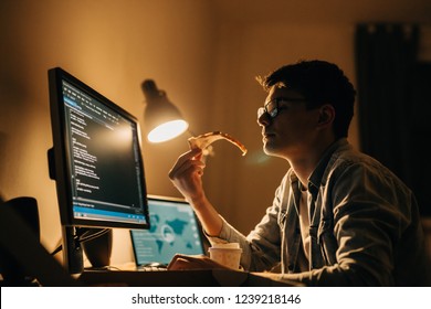 Young Programmer Having Pizza Snack Wile Working Late Night At His Home