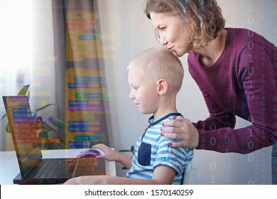 Young programmer writing code on a computer together with his mom. Online distance education, Programming lessons for kids.
