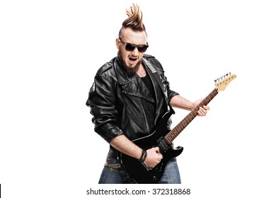 Young Punk Rocker Playing Electric Guitar Isolated On White Background