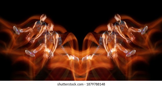 Young Purposeful Basketball Player Training In Action On Black Background With Fire Flames. Mirror, Strobe Light Effect, Reflection. Concept Of Sport, Movement, Energy And Dynamic, Healthy Lifestyle.