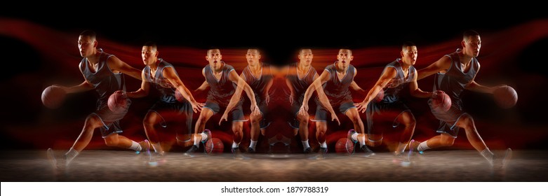 Young Purposeful Basketball Player Training In Action On Black Background With Fire Flames. Mirror, Strobe Light Effect, Reflection. Concept Of Sport, Movement, Energy And Dynamic, Healthy Lifestyle.