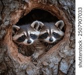 A young raccoon poked its head out of the hole in the tree trunk, looking charming and delicate.