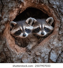 A young raccoon poked its head out of the hole in the tree trunk, looking charming and delicate.