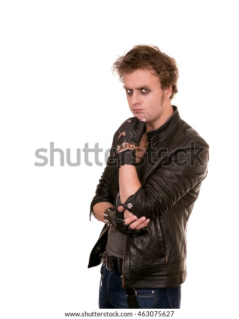 young rebel rock shows emotion on a white background