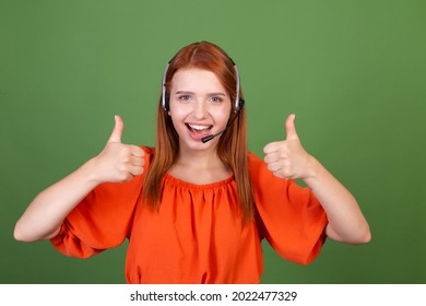 Young red hair woman in casual orange blouse on green background manager call centre help line worker smile shows thumbs  up - Powered by Shutterstock