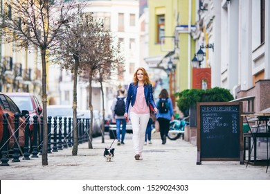 A Young Redhaired Caucasian Woman Walking Along European Street With Small Chihuahua Breed Dog Of Two Colors On Leash. Cloudy, Warm Autumn Spring Weather. Girl Dressed In Leather Jacket And Pink Shoes