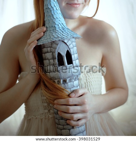 Young redhead Rapunzel dreaming of her tower.