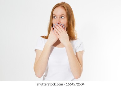 Young Red-head Woman Covering Her Mouth, Isolated On White, Girl Talk Too Much