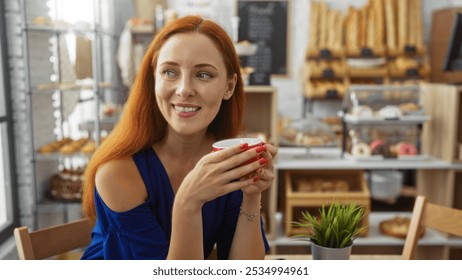 Young redhead woman enjoying coffee in a cozy bakery with various pastries in the background, displaying a cheerful and relaxed demeanor indoors. - Powered by Shutterstock