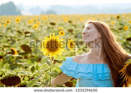 Young redhead woman portrait in summer sunflower field 