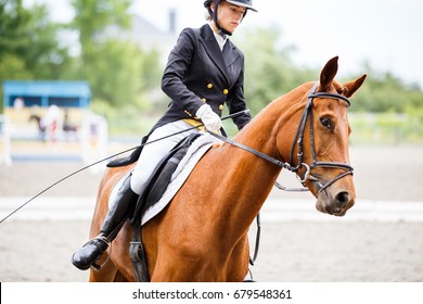 Young rider girl on sorrel horse at dressage equestrian competition
