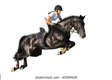Young rider in jumping show, isolated on white background