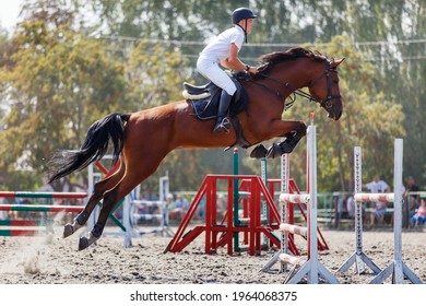 Young Rider Man Jumping Horse Over The Oxer On His Show Jumping Course. Equestrian Sport Show Jumping Event