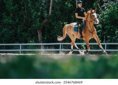 Young rider on a horse in an outdoor arena surrounded by greenery, enjoying horseback riding on a sunny day. - Powered by Shutterstock