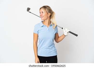 Young Russian golfer woman isolated on white background looking side