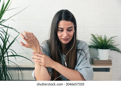 Young Sad Crying Woman Testimony On Online Psychotherapy Via Video Call On The Laptop Computer Where She Sitting At Her Home And Talking With Doctor Psychologist Telling Her Problems