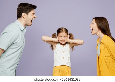 Young sad parent mom dad with child kid girl 6 year old wearing blue yellow casual clothes cover ear with hands fingers do not want listen scream isolated on plain purple background Family day concept - Powered by Shutterstock