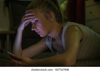 Young Sad Vulnerable Girl Using Mobile Phone Scared And Desperate Suffering Online Abuse Cyberbullying Being Stalked And Harassed In Teenager Cyber Bullying Concept